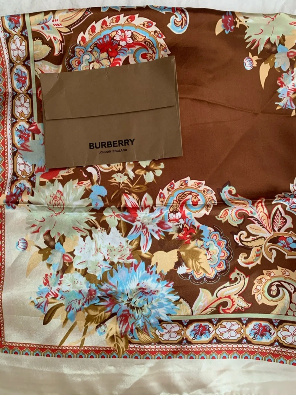 Burberry Brown Floral Paisley Silk Scarf with Blue Accents